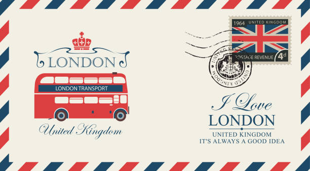 postcard or envelope with London double decker Vector postcard or envelope with the London double decker and inscriptions. Retro postcard with postmark in form of royal coat of arms and postage stamp with flag of United Kingdom english culture illustrations stock illustrations