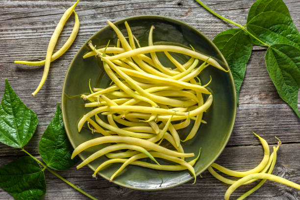 fagioli gialli, verdure biologiche del mercato contadino, fagioli freschi in fattoria su piatto, concetto di cibo vegano - table ingredient gardening agriculture foto e immagini stock