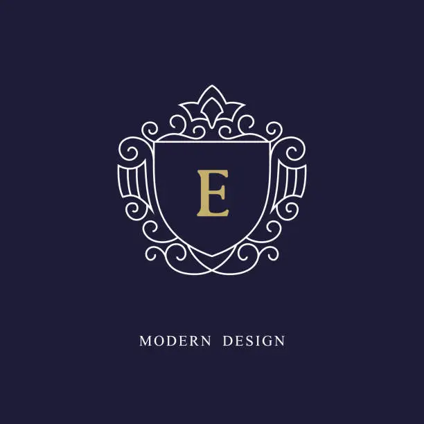 Vector illustration of Capital letter E. Beautiful monogram. Elegant logo. Calligraphic design. Luxury emblem. Vintage ornament. Simple graphics style. Flourishes boutique brand. Creative Royal mark. Vector illustration