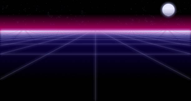 synthwave net und mond retro hintergrund 3d render - dance and electronic blue shiny empty stock-fotos und bilder