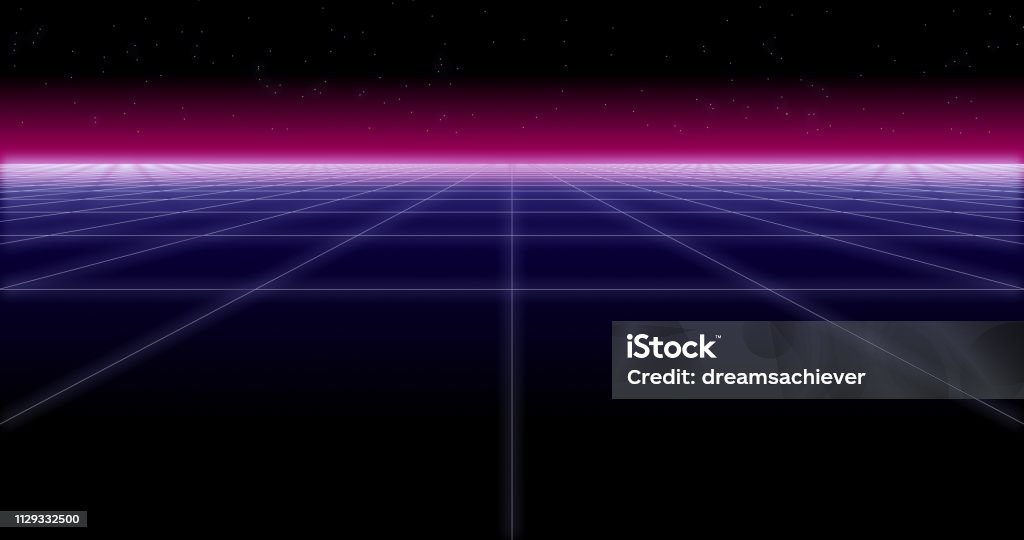 synthwave net and stars Retro Background 3d render synthwave wireframe net and stars 80s Retro Futurism Background 3d illustration render Amusement Arcade Stock Photo