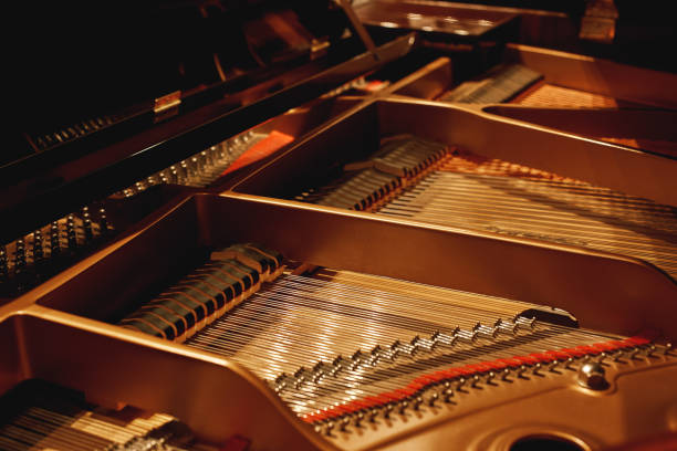 tuning your piano. close-up view of hammers, strings and pins inside the piano. musical instruments - wooden pattern audio imagens e fotografias de stock