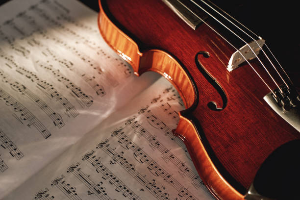 How to Read Violin Notes? Close up view of brown wood violin lying on the sheet with music notes. How to Read Violin Notes? Close up view of brown wood violin lying on the sheet with music notes. Musical instruments. Music equipment. Violin lessons violin photos stock pictures, royalty-free photos & images