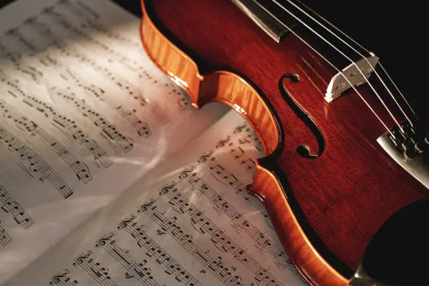Photo of How to Read Violin Notes? Close up view of brown wood violin lying on the sheet with music notes.