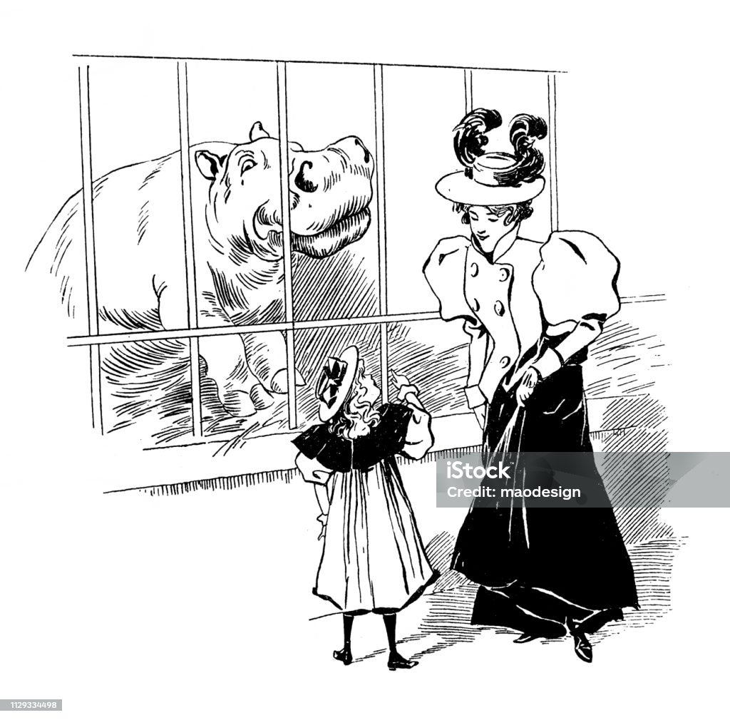 Mom and daughter in front of the hipo cage - 1896 1895 stock illustration