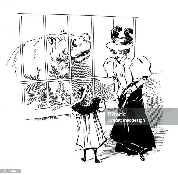 Mom And Daughter In Front Of The Hipo Cage 1896 Stock Illustration - Download Image Now - 1895, 19th Century, 19th Century Style