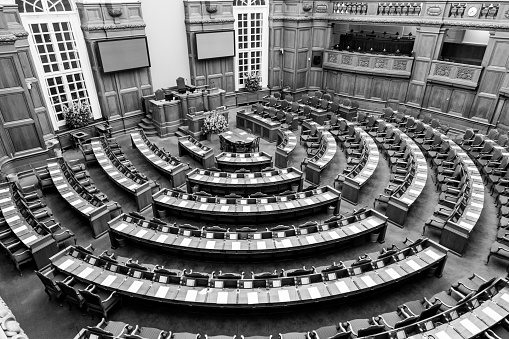 Copenhagen, Denmark - Occtober 05, 2016: Black and white photograph of the interior of the Danish parliament also called Folketinget