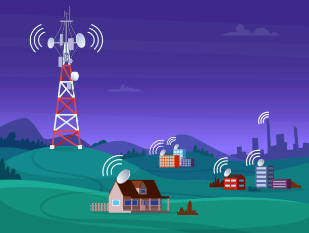 Landscape wireless tower. Satelite antena mobile coverage television radio cellular digital signal vector illustration Landscape wireless tower. Satelite antena mobile coverage television radio cellular digital signal vector illustration. Communication antenna tower for internet broadcast Antenna stock illustrations