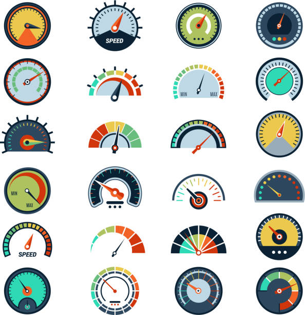 ilustrações de stock, clip art, desenhos animados e ícones de speedometer symbols. level fuel rating indication score graph guage vector pictures set - speedometer
