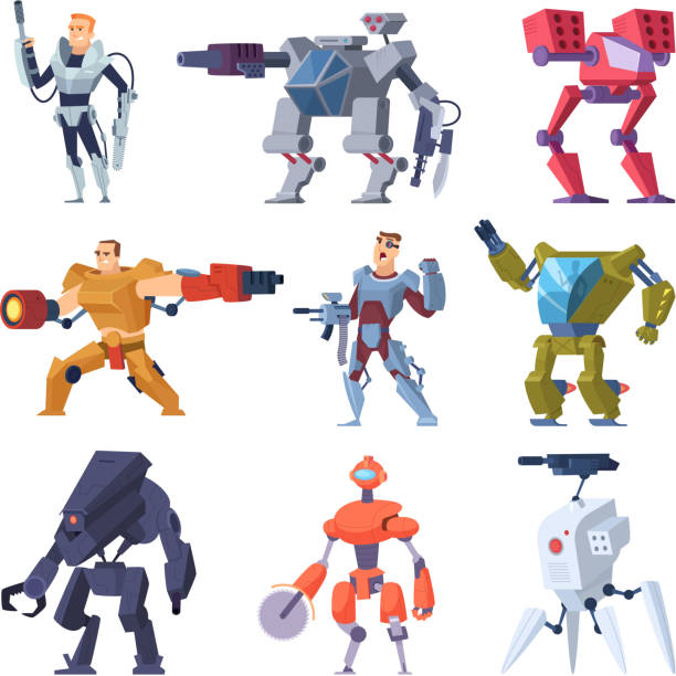 Combat robots. Armor transformers android protective electronic soldier future weapon vector characters Combat robots. Armor transformers android protective electronic soldier future weapon vector characters. Illustration of robot machine, combat robotic technology transformer stock illustrations