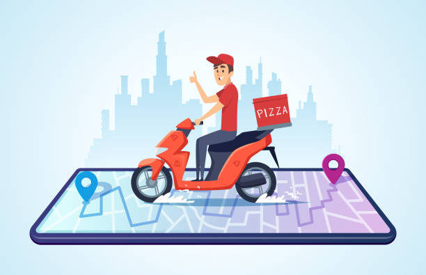 ilustraciones, imágenes clip art, dibujos animados e iconos de stock de entrega de la moto de pizza. paisaje urbano con el correo de alimentación conduce el concepto de vector de entrega rápida bicicleta - moto pizza