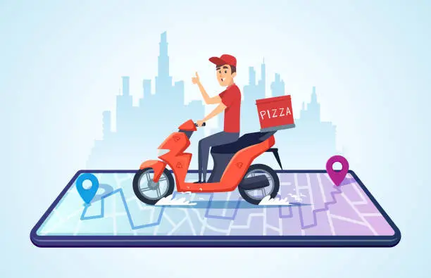 Vector illustration of Pizza motorbike delivery. Urban landscape with food courier driving bike fast delivery vector concept