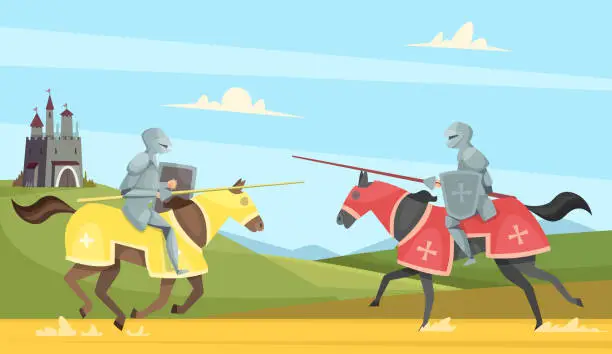 Vector illustration of Knights tournament. Medieval chivalry prince in brutal armour helmet warriors on horse vector cartoon background