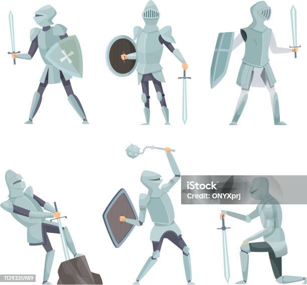 Cartoon Knights Medieval Warrior On Horse Vector Cartoon Characters In Action Poses Stock Illustration - Download Image Now