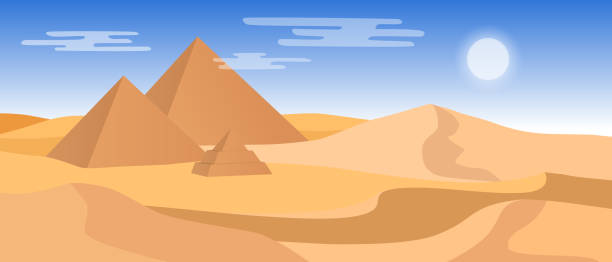 красивый широкоэкранный пустынный пейзаж с  желтыми песчаными дюнами и пирамидами. - египет иллюстрации stock illustrations