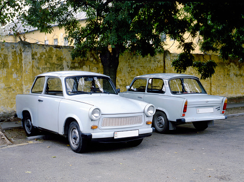 Two old fashioned parked East German cars in Budapest, Hungary