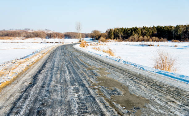 istock Dirt road by the frozen lake 1129339321