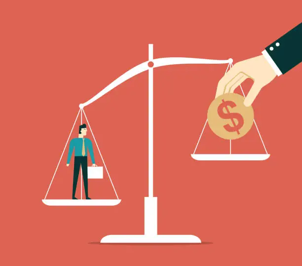 Vector illustration of Businessman and money on weighing scale