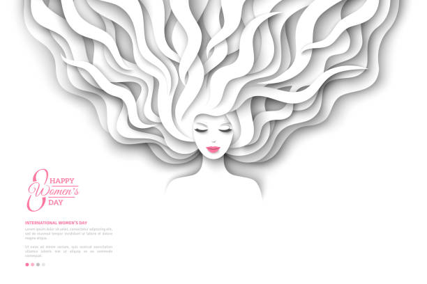 Pretty girl with white paper hair Pretty girl silhouette with paper cut long hair on white background. Vector Illustration. Modern character for 8 March, International Womens Day. hair posters for salon stock illustrations