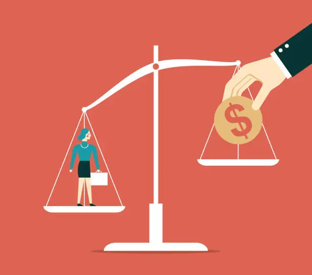 Vector illustration of Businesswoman and money on weighing scale