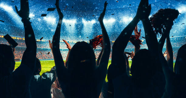 プロの競技場のスタンドに、お気に入りのスポーツ チームの成功を祝うファン - 群衆 ストックフォトと画像