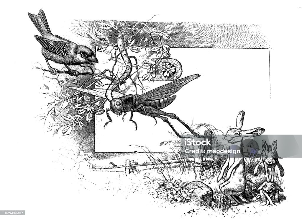 Easter scenery with bird, hare and grasshopper - 1896 1895 stock illustration