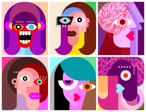 ilustraciones, imágenes clip art, dibujos animados e iconos de stock de seis caras / seis personajes vector ilustración - face art