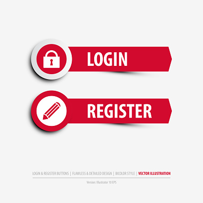 login and register buttons containing: two differently designed isolated web buttons, login and register symbols, flat, minimal, material design style, eps10 vector illustration