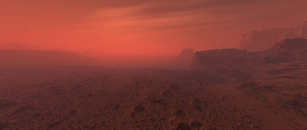 istock Bare rough rocky mars terrain in fog. 1129353127
