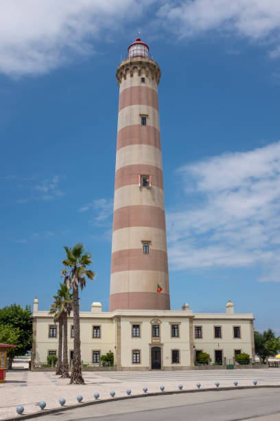 White lighthouse with red top on Farol island on south of Portugal at sunny summer day