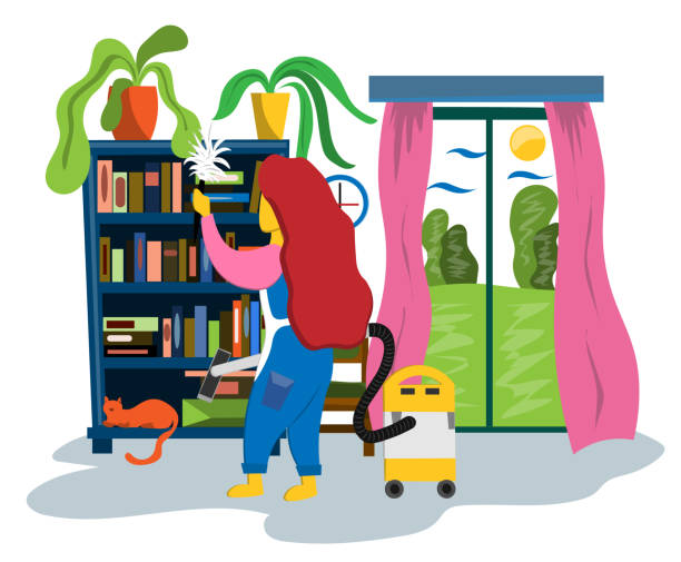 istock The girl with a vacuum cleaner and a broom is cleaned at home. Bookcase, panoramic window and chair. Illustration in flat style. 1129353325