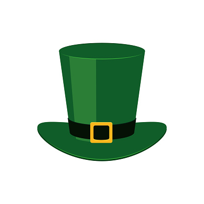Green leprechaun top hat - traditional symbol of St Patrick Day in flat style. Vector illustration of fantasy fairy cap isolated on white background for 17 March holiday design.