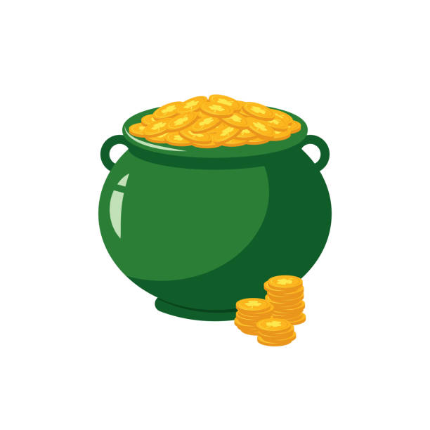 illustrazioni stock, clip art, cartoni animati e icone di tendenza di vaso verde pieno di monete d'oro con segno di trifoglio - simbolo tradizionale del giorno di san patrizio in stile piatto. - leprechaun st patricks day cartoon luck