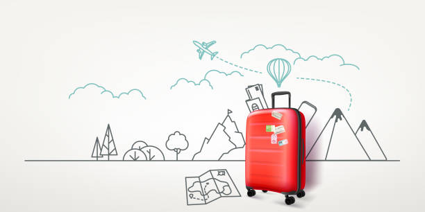 ilustrações de stock, clip art, desenhos animados e ícones de photoreal red suitcase with cityscape background. world travel vector concept - travel