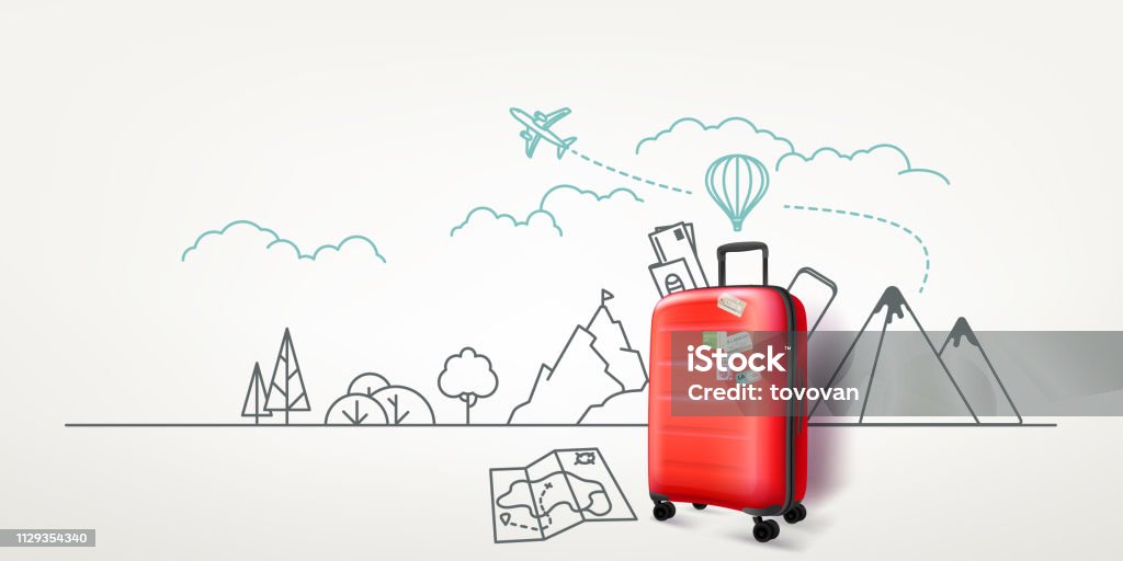 PhotoReal röda resväska med stadsbilden bakgrund. World travel vektor koncept - Royaltyfri Resande vektorgrafik