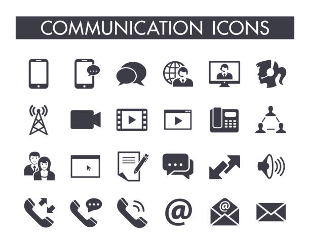 ilustraciones, imágenes clip art, dibujos animados e iconos de stock de conjunto de iconos de la comunicación - mobile phone communication discussion text messaging