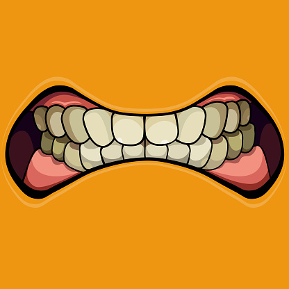 cartoon grinning mouth with clenched teeth on a yellow background