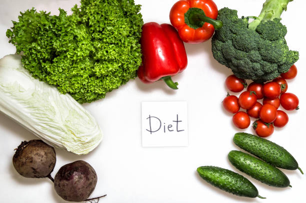 istock Close up, flat lay. The inscription Diet, surrounded by fresh vegetables, white background. 1129364091