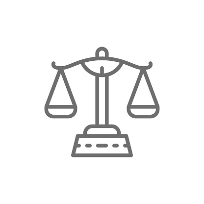 istock Justice scales, libra line icon. Isolated on white background 1129364661