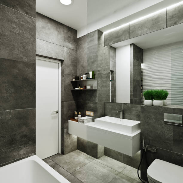istock modern bathroom design with tiles under concrete and wave 1129368193