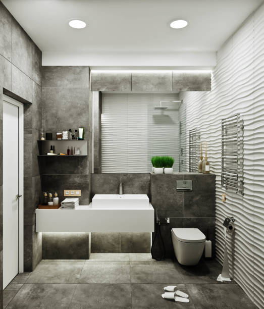 istock modern bathroom design with tiles under concrete and wave 1129368308