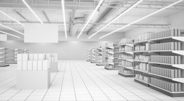 Supermarket interior with banners and products Supermarket Shef Full Of Products With Banner. View From Perspective retail display stock pictures, royalty-free photos & images