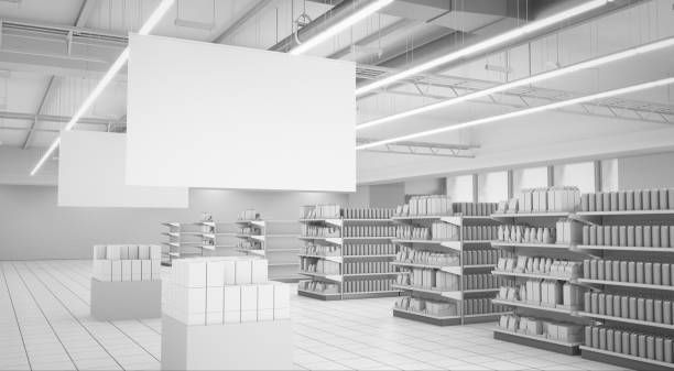 istock Supermarket interior with banners and products 1129368402