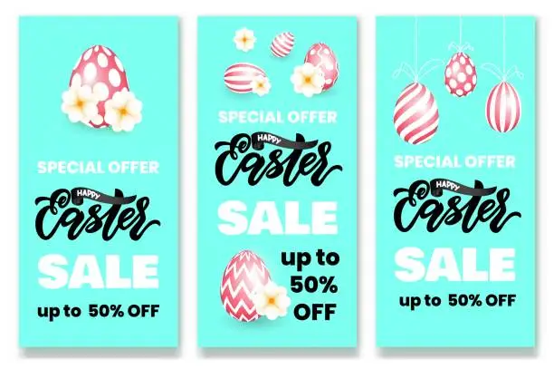 Vector illustration of Set of flyers Happy Easter sale banner template with beautiful colorful spring flowers and easter pink gold eggs on blue background. Vector illustration.