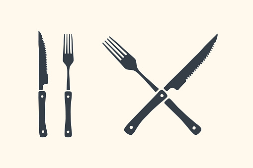 Meat cutting knives and forks set. Steak, butcher and BBQ supplies. Poster steak knife and grill fork. Set of butcher meat knife, fork for butcher shop and design butcher themes. Vector Illustration