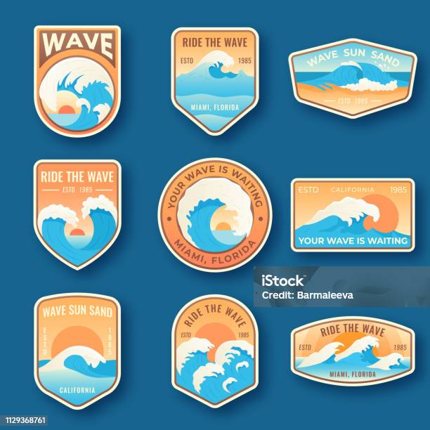 Set Of Nine Summer Holidays Emblems Labels With Sun Waves And Sand In Bright Blue And Orange Colors Beach Emblems Badges And Logo Patches Summer Holidays Surfing - Arte vetorial de stock e mais imagens de Logótipo