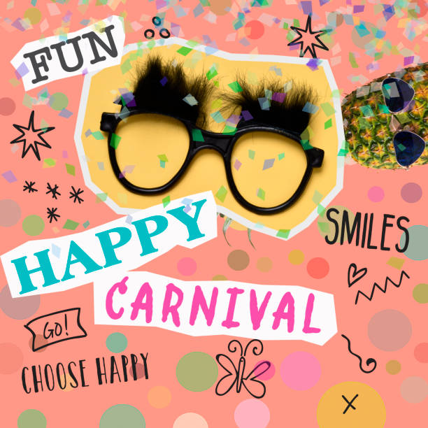 text happy carnival, as paper cutouts, a pair of fake black glasses with eyebrows, a pineapple with sunglasses, on a pink background patterned with geometric figures, as a contemporary art collage