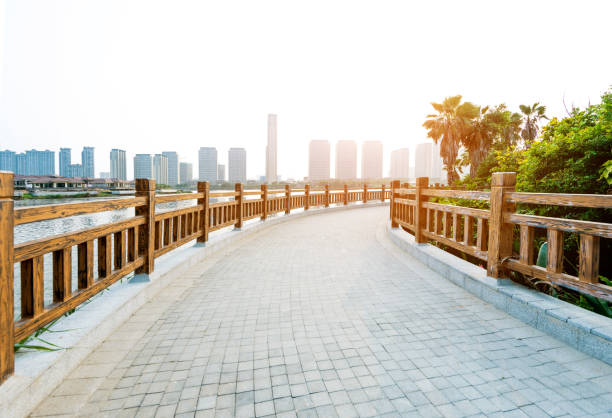 istock Bridge and skyscraper by the sea 1129370425