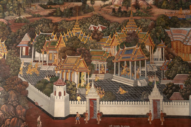 istock Golden pagodas in Wat Phra Kaew mural 1129371762