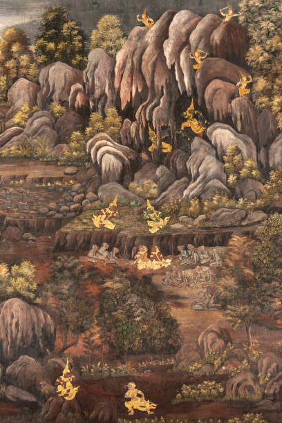 istock Rocky landscape in Wat Phra Kaew murals 1129371881